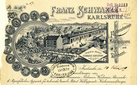 Briefkopf der Kupferschmiede Franz Schwarze mit einem Blick aus der Vogelperspektive über die Südstadt vom Lauterberg bis zur Rüppurrer Straße mit den beiden bereits errichteten Kirchen des Stadtteils, 1899, Stadtarchiv Karlsruhe 8/StS 4/1,118.