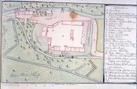 Schloss Rüppurr, Grundrissplan der Gesamtanlage mit Legende, J. D. Haeckher 1740, Generallandesarchiv Karlsruhe 66/7124.