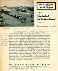 Aus dem KdF-Programm 1935; mit Bleistift hinzugefügt: "1 Glas Bier 22 Pf. Das Essen soll gut und reichlich sein. Ehepaare sollen bevorzugt sein und bekommen Einzelkabinen mit Luxusbetten. An Bord finden Volksbelustigungen statt. Filmvorführungen, Vorträge über Seeschlachten), Stadtarchiv Karlsruhe 8/StS 20/565.