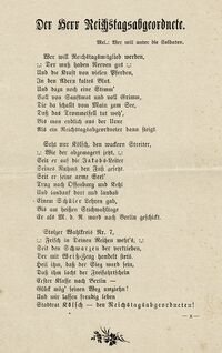 Lied zu Ehren des im Reichstagswahlkreis Offenburg mit acht Stimmen Vorsprung vor dem Zentrumskandidaten gewählten Karlsruher nationalliberalen Stadtrats Leopold Kölsch, 1912, Stadtarchiv Karlsruhe 7/Nl Albert Herzog 159.